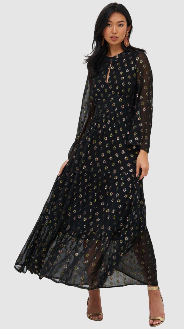 OLIPHANT Tuckernuck Kala Black Balloon Sleeve Waisted Formal Maxi Dress M